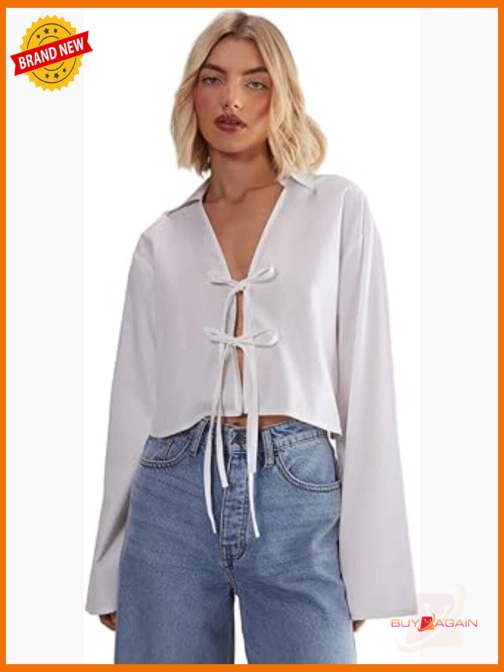 Cotton Tie Front Button Down Shirt with Wide Cuffs
